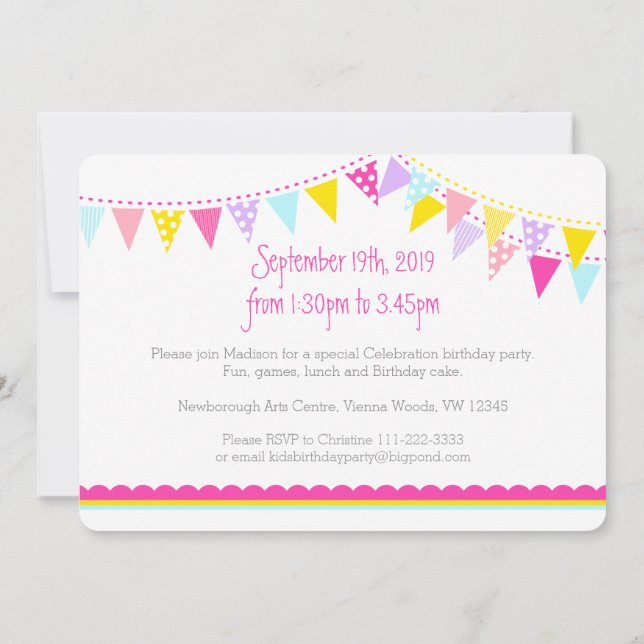Colourful flags girls 4th birthday party invite (Back)