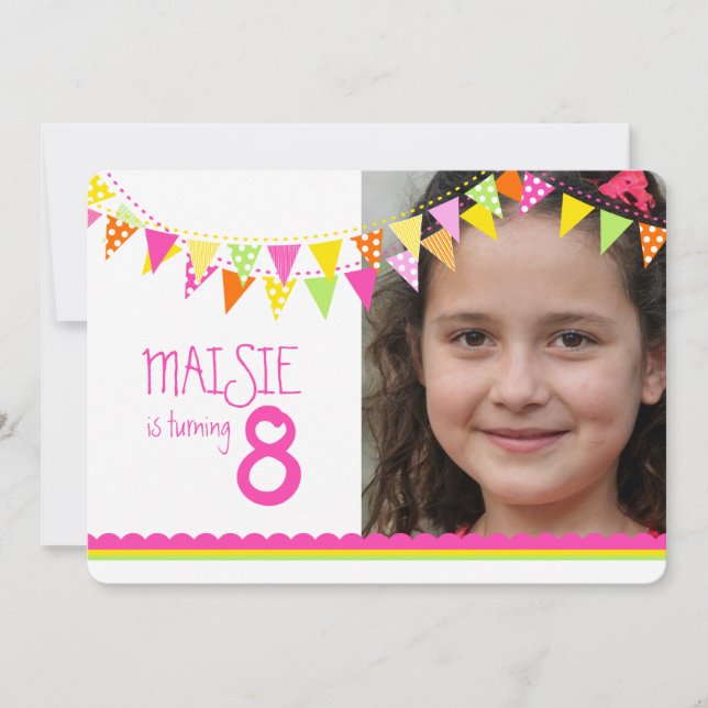 Colourful flags girls 8th birthday party pink invitation (Front)