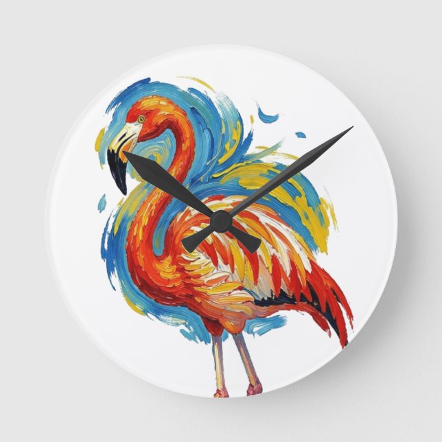 Colourful Flamingo Abstract Brushstroke Bird Art Round Clock (Front)