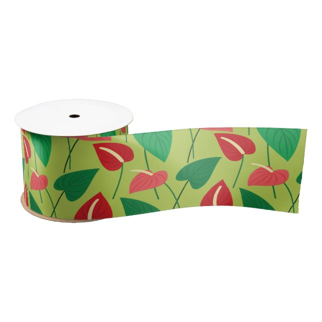 Colourful flamingo flowers pattern satin ribbon (Spool)