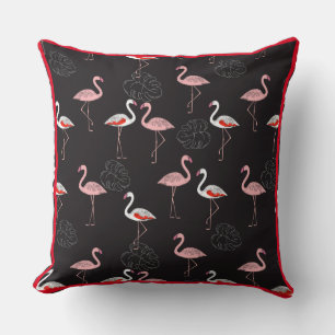 Colourful Flamingo Pattern on Black Background Cushion