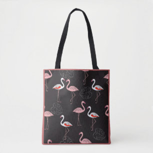 Colourful Flamingo Pattern on Black Background Tote Bag