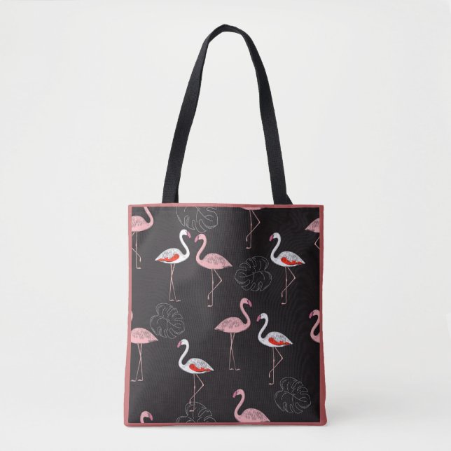 Colourful Flamingo Pattern on Black Background Tote Bag (Front)