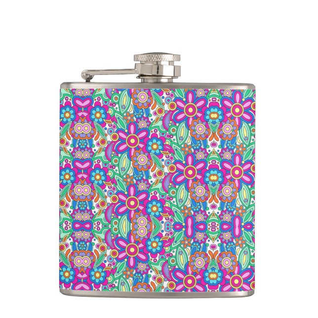 Colourful flask with vibrant geometric and floral  (Front)