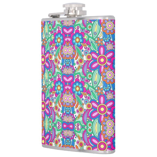 Colourful flask with vibrant, symmetrical floral  (Left)