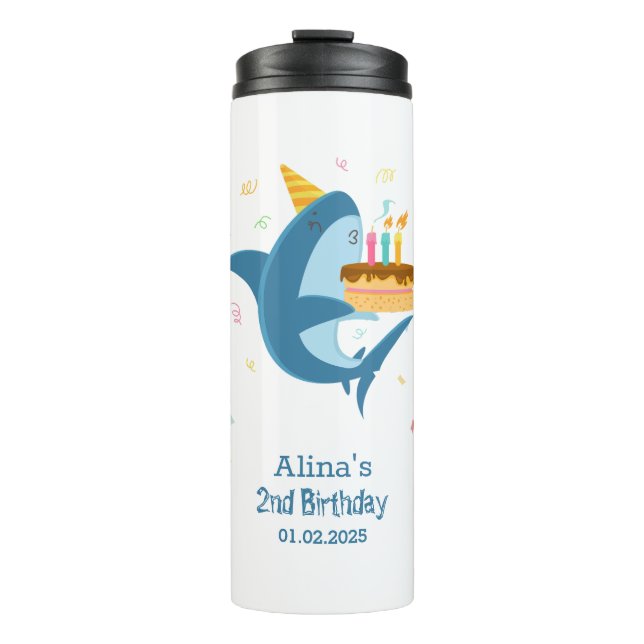Colourful Flat Simple Baby Sharks Birthday Party Thermal Tumbler (Front)