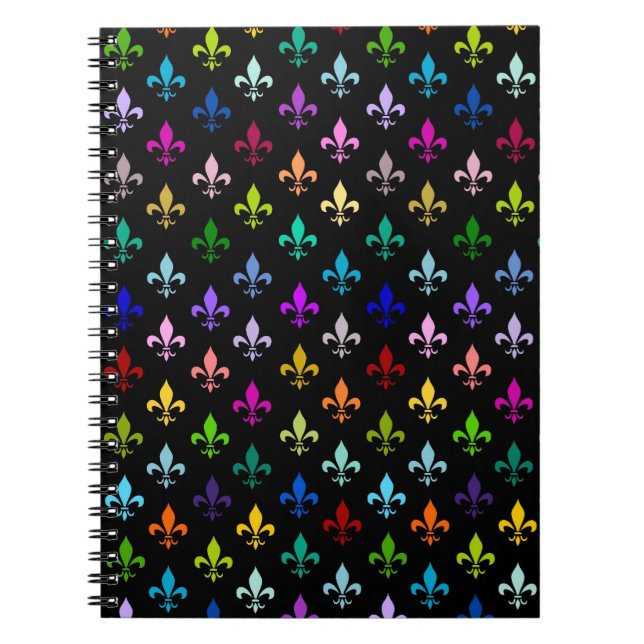 Colourful fleur de lis pattern on black notebook (Front)