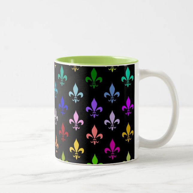 Colourful fleur de lis pattern on black Two-Tone coffee mug (Right)