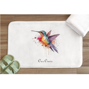 Colourful Flight, watercolor hummingbird custom Bath Mat