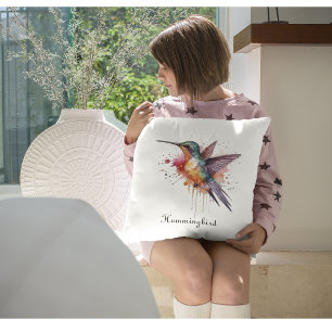 Colourful Flight, watercolor hummingbird custom Cushion