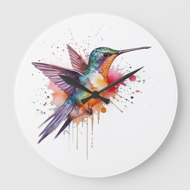 Colourful Flight, watercolor hummingbird  Large Clock (Front)