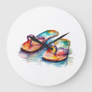 colourful flips flops on a beach in water colour large clock