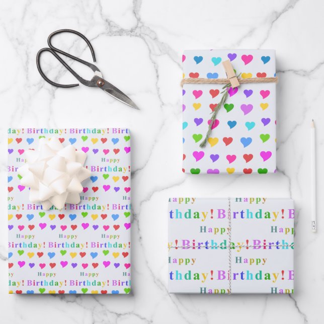 Colourful Flirty Hearts and Happy Birthday Wrapping Paper Sheet (Front)