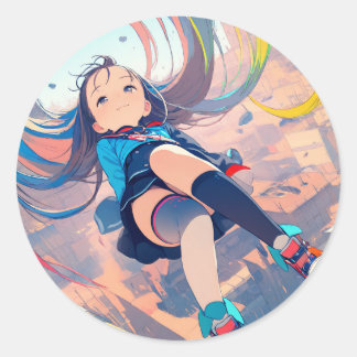 Colourful Floating Anime Girl Classic Round Sticker