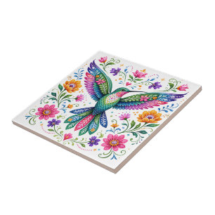 Colourful Flok Art Hummingbird Ceramic Tile
