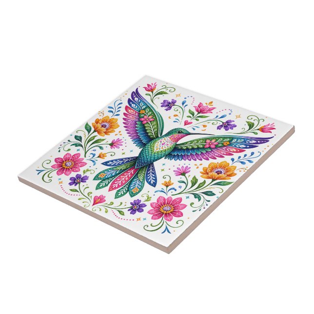Colourful Flok Art Hummingbird Ceramic Tile (Side)