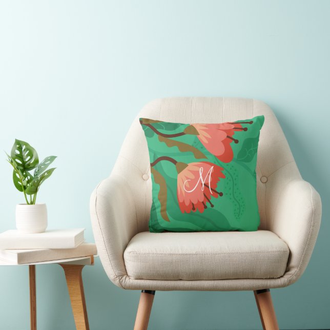Colourful Flora and Foliage Red on Green Cushion (Chair)