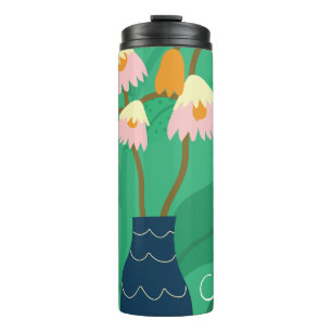 Colourful Flora and Foliage with Pink on Green Thermal Tumbler