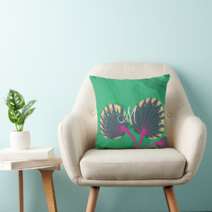 Colourful Flora and Foliage with Purple on Green Cushion