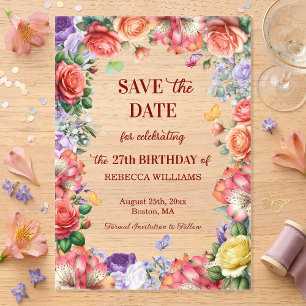 Colourful Floral 27th Birthday Party Save the Date Acrylic Invitations