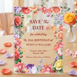 Colourful Floral 35th Birthday Party Save the Date Acrylic Invitations