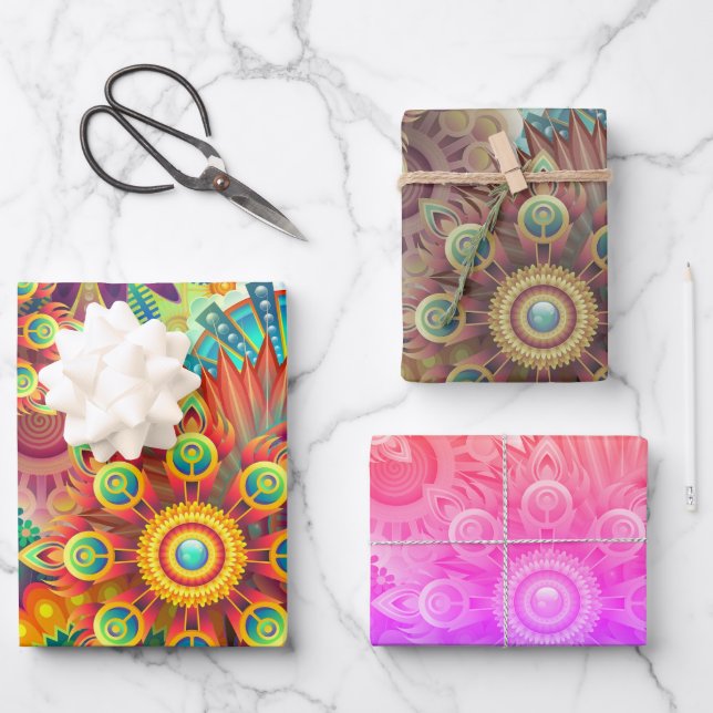 Colourful floral 3 set wrapping paper sheet (Front)