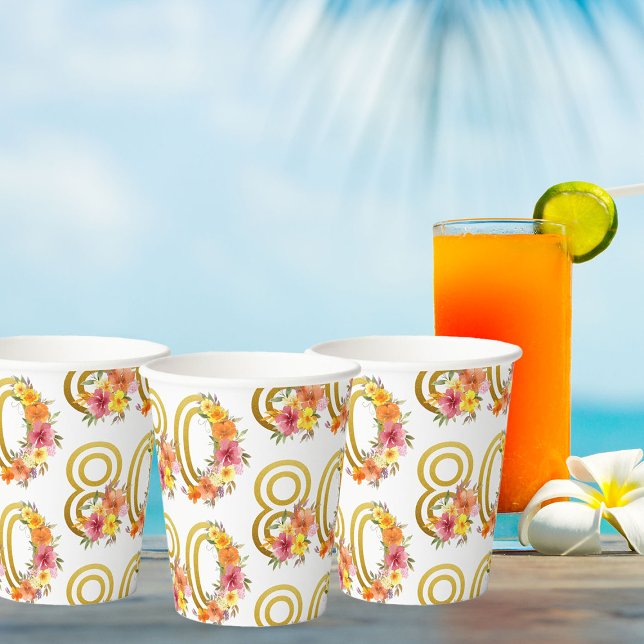 Colourful Floral 80th Birthday Gold Number 80 Part Paper Cups (80th Birthday Party Cups from my Floral Number Birthday Party Collection)