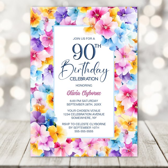 Colourful Floral 90th Birthday Party Invitation (Creator Uploaded)