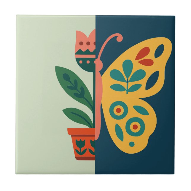 Colourful floral and butterfly split graphic desig ceramic tile (Front)