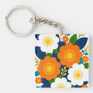 Colourful Floral Art with Orange & White Blossoms Key Ring