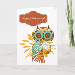 Colourful Floral Autumn Owl Happy Thanksgiving Car Holiday Card