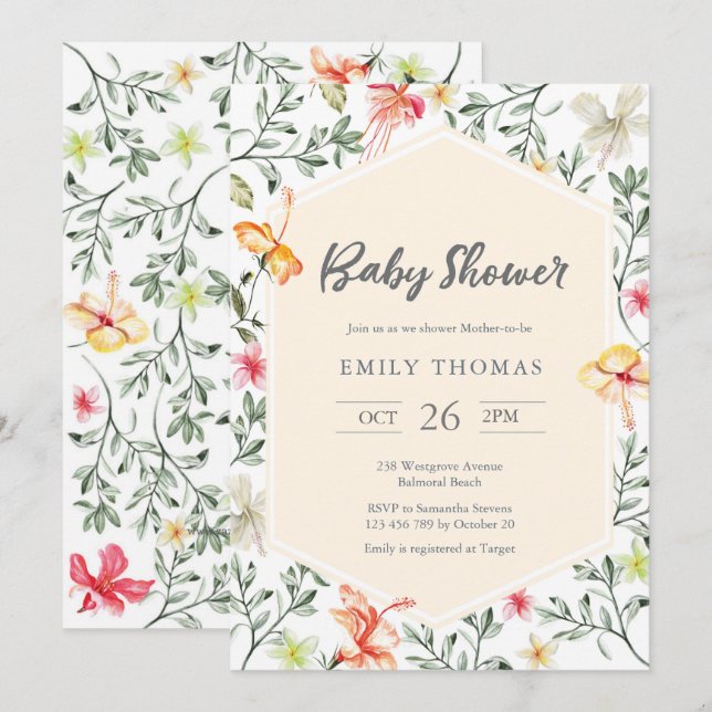 Colourful floral Baby Shower Invitation - neutral (Front/Back)