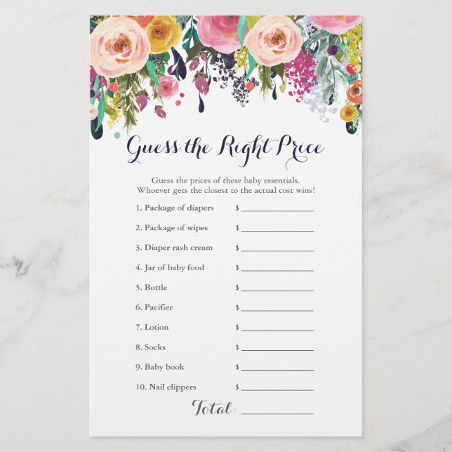 Colourful Floral Baby Shower Price Right Game Card (Front)