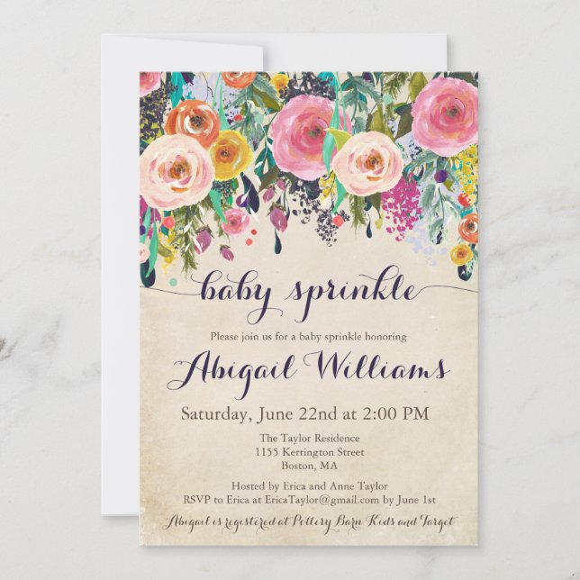 Colourful Floral Baby Sprinkle Invitations, Vintag Invitation (Front)