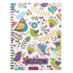 Colourful Floral Bird Pattern Personalised Notebook