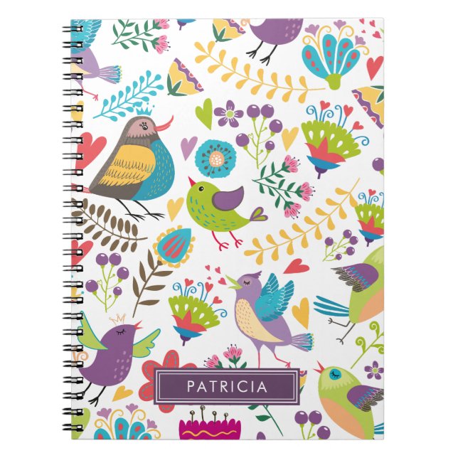 Colourful Floral Bird Pattern Personalised Notebook (Front)
