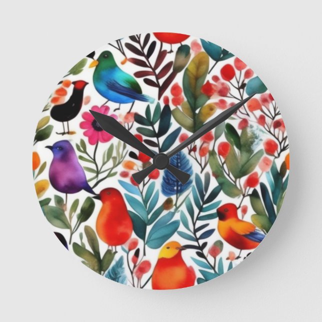 Colourful floral birds round clock (Front)
