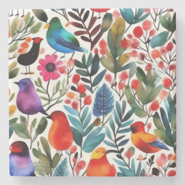 Colourful floral birds stone coaster (Front)