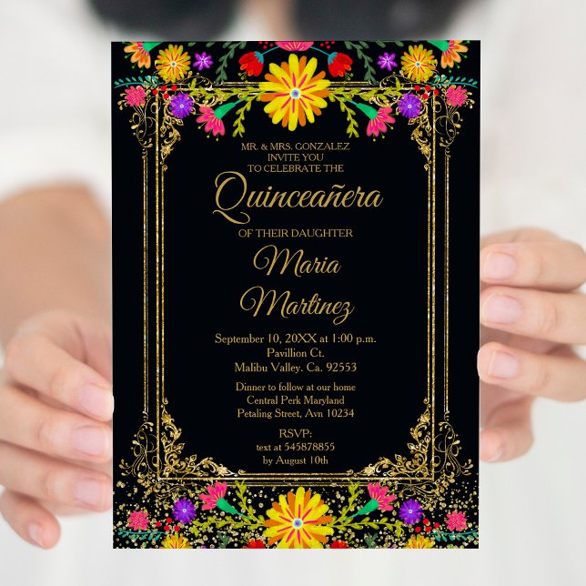 Colourful Floral & Black Background Quinceañera  Invitation (Creator Uploaded)