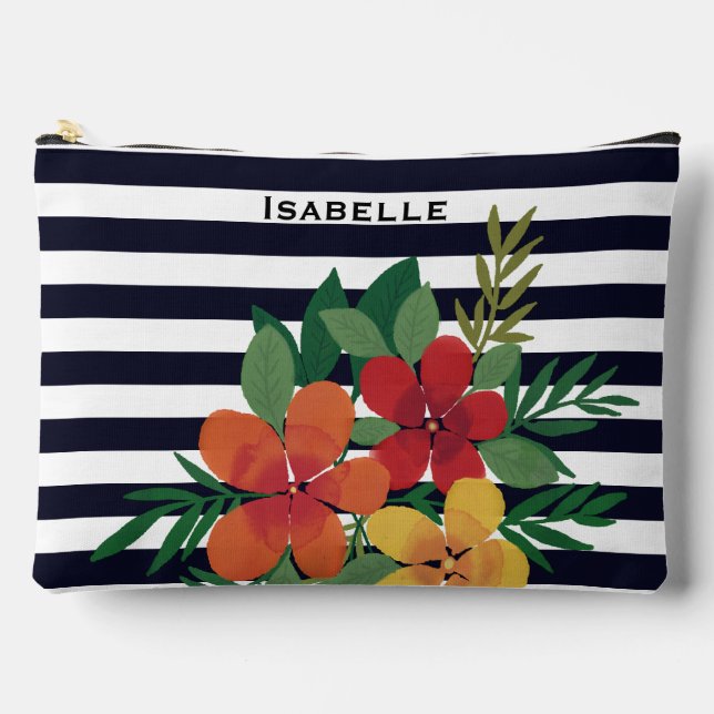 Colourful Floral Black White Striped Personalised Accessory Pouch (Front)