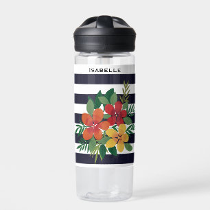 Colourful Floral Black White Striped Personalised Water Bottle