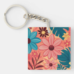 Colourful Floral Bliss on Warm Tones Background Key Ring