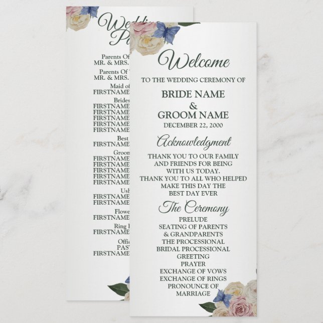 Colourful Floral Blue Butterfly Green Wedding  Program (Front/Back)