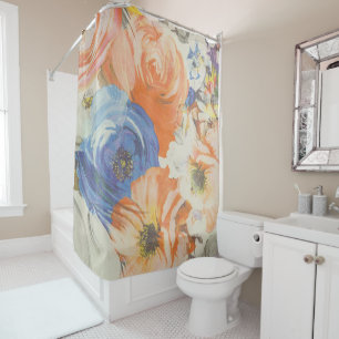 Colourful Floral Blue Orange Beige Shower Curtain