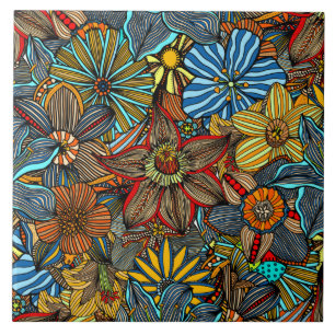 Colourful floral boho flower collage ceramic tile
