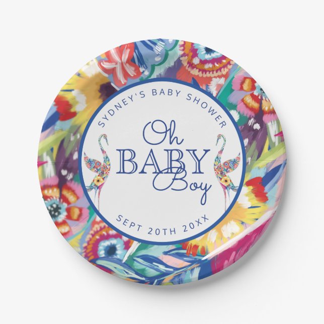 Colourful Floral Botanical Stork Baby Boy Shower Paper Plate (Front)