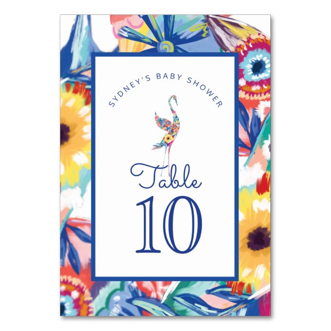 Colourful Floral Botanical Stork Baby Boy Shower Table Number (Front)