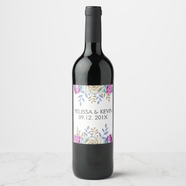 Colourful Floral Bouquet Wedding Day Design Wine Label (Front)