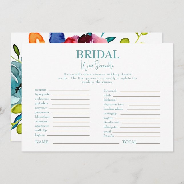 Colourful Floral Bridal Shower Word Scramble Game Invitation (Front/Back)
