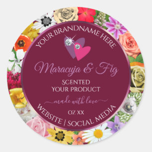 Colourful Floral Burgundy Product Label with Heart